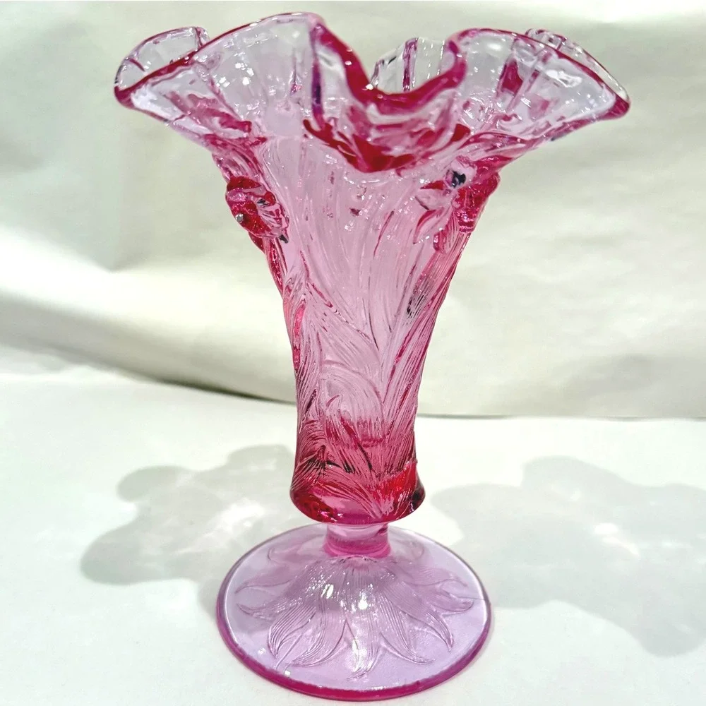 Fenton Empress Rose Pink Glass Vase Daffodil Embossed Ruffled Crimped Footed - Picture 2 of 8